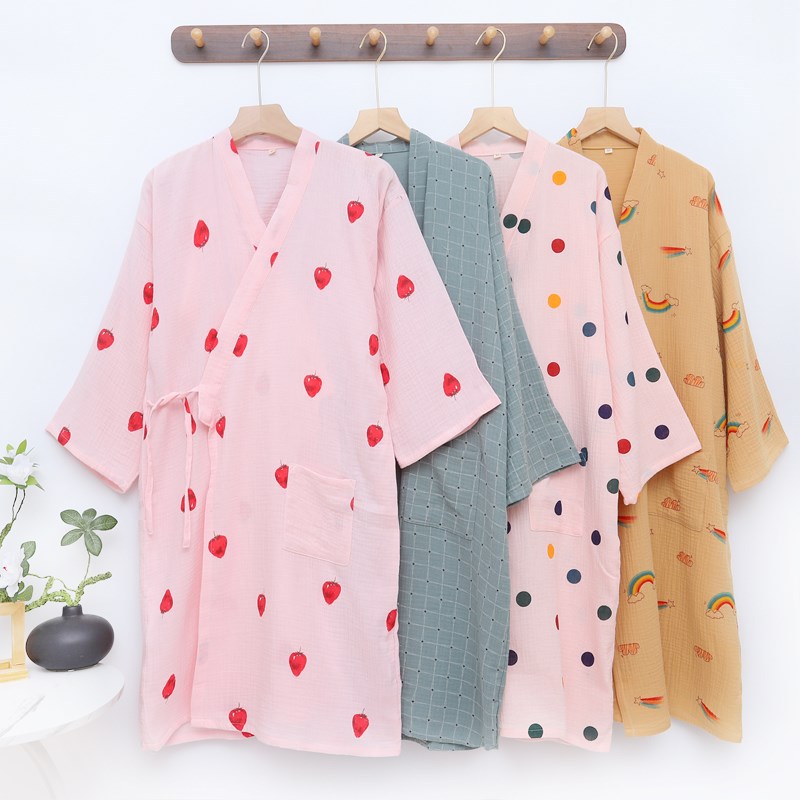 夏季绉布纯棉双层纱布睡袍日式和服浴衣女中长款睡袍开衫系带和风