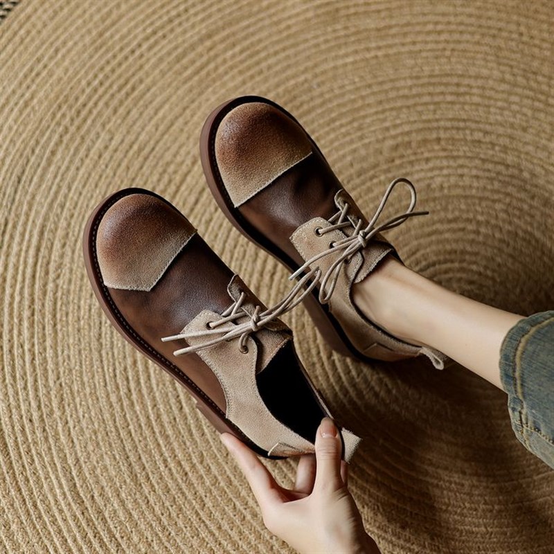 巨好穿法式复古深口单鞋女春秋圆头中跟粗跟真皮系带加Z绒小皮鞋