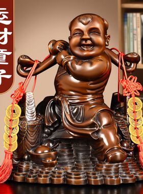纯铜运财童子摆件家居玄关收银台装饰品担财童P子挑财童子善财童