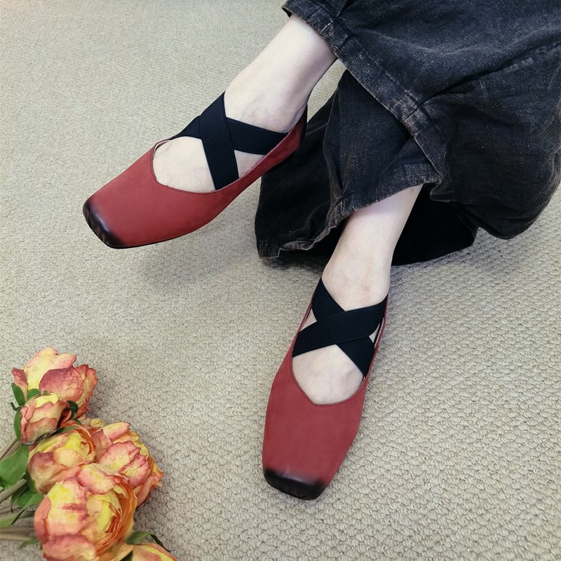 真皮单鞋女手工复古擦色方头x鞋粗跟低跟松紧带浅口低帮鞋休闲鞋