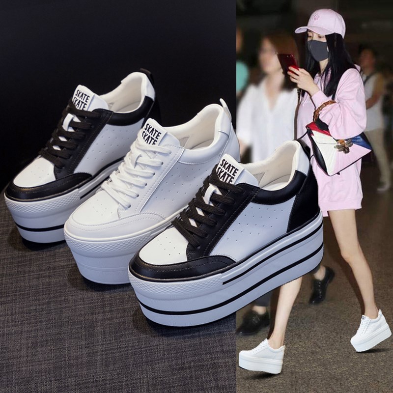 小个子超火内增高女鞋10公分显A高真皮黑白鞋子超厚松糕鞋婚纱神