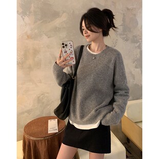 阿一 糯米绒舒i适慵懒风 羊毛圆领毛衣女秋季宽松外穿套头针织上