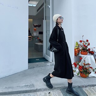 卫衣裙女秋季翻领2023新款韩版大码宽松过膝收腰抽绳中长款连衣裙