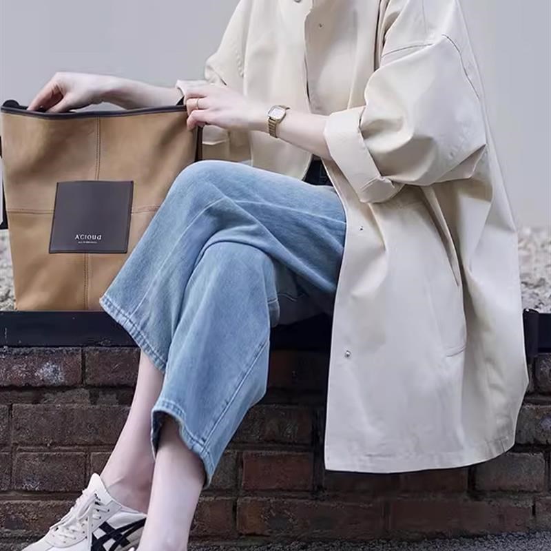 2024b春秋季新款小个子日系米色中长款宽松休闲薄款大衣风衣外套