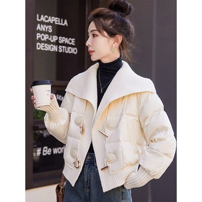 羽绒棉服女款秋冬新款爆款针织拼接大翻领外O套短款小个子百搭棉