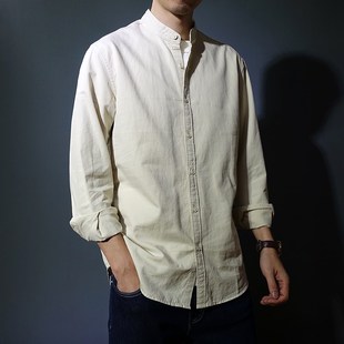 中国风纯棉立领复古长袖衬衫男版中山装青年斜纹棉休闲纯色衬衣潮