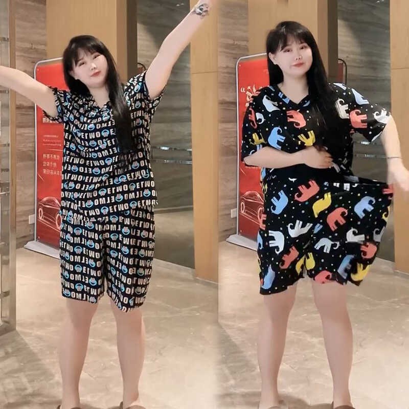 网红爆款b夏季薄款洋气宽松短袖短裤汗蒸服胖妹妹睡衣女绵绸桑拿