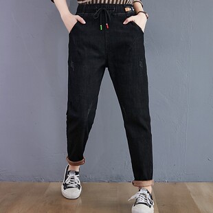 加绒加厚牛仔裤女2021新款冬季松紧腰弹力大码宽松显瘦小脚哈伦裤