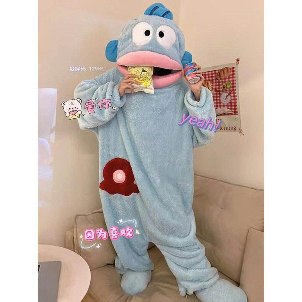丑鱼睡衣女秋冬季珊瑚绒情侣连体卡通搞怪睡袍男款加厚加大码睡裙