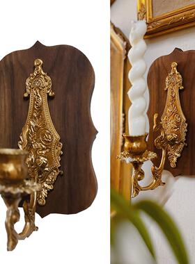 原创法式复古乡村文艺实木黄铜胡桃木烛台蜡烛复古壁挂装饰软装