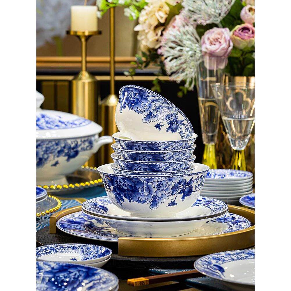 景德镇58头餐具套装中式骨瓷餐具碗盘家用陶瓷餐具碗碟套装青花瓷