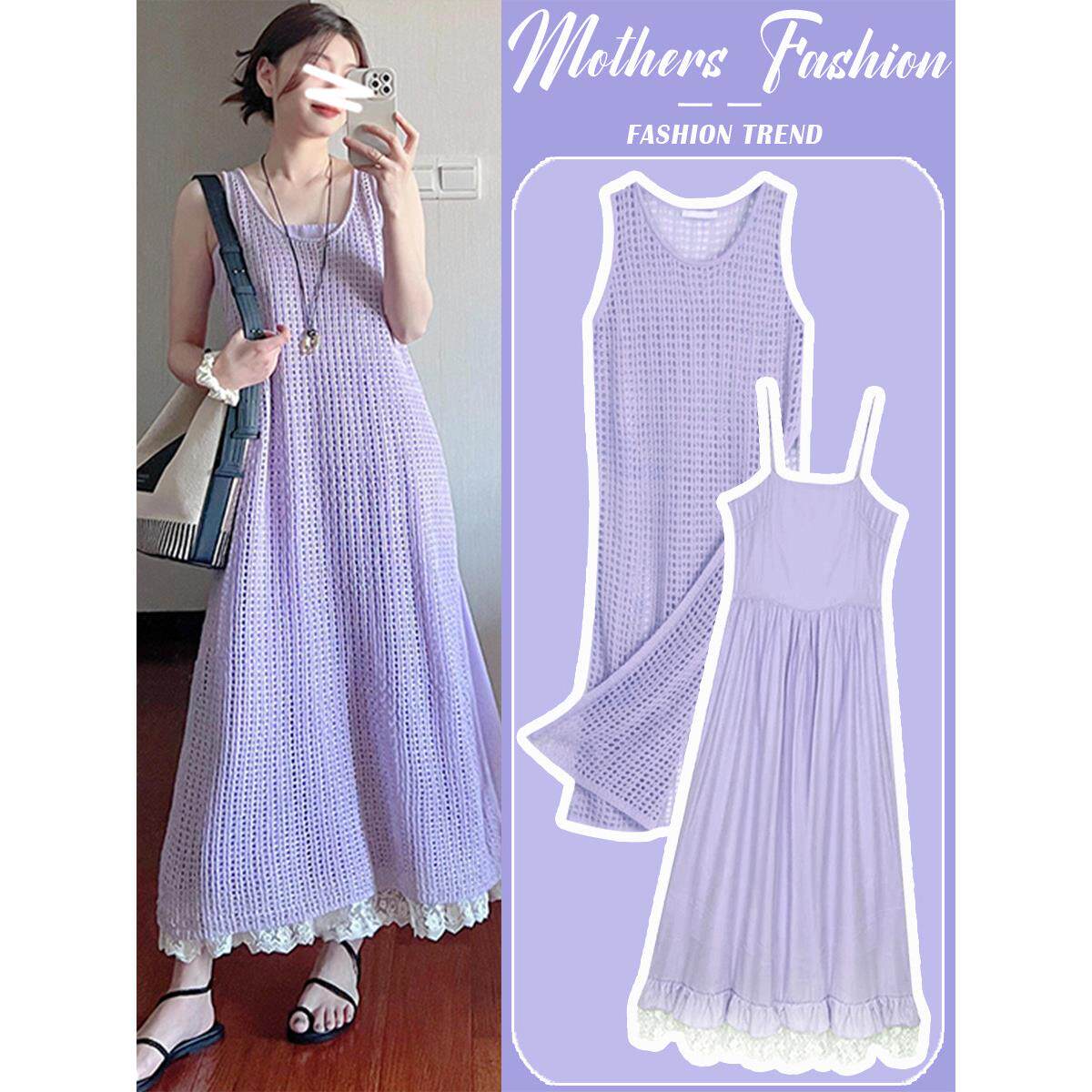 孕妇连衣裙2025新款夏季圆领无袖薄款针织冰丝长裙吊带裙两件套女