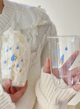 ins风耐高温蓝色雨滴玻璃杯动物图案家用大容量女微波炉冷热饮杯
