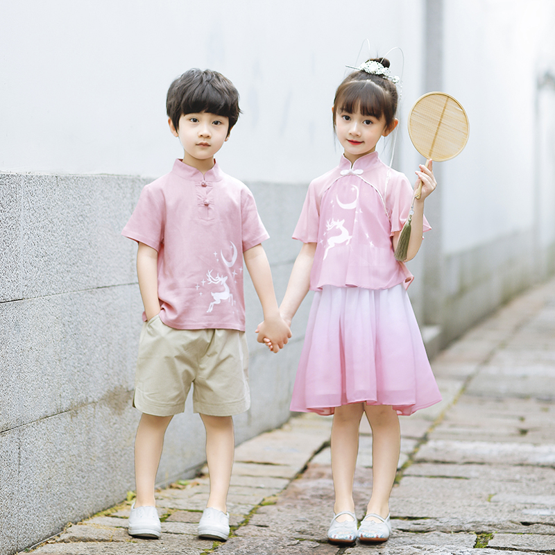 中国风幼儿园园h服夏季r套装小学生国学班服男女裙子儿童古装汉服