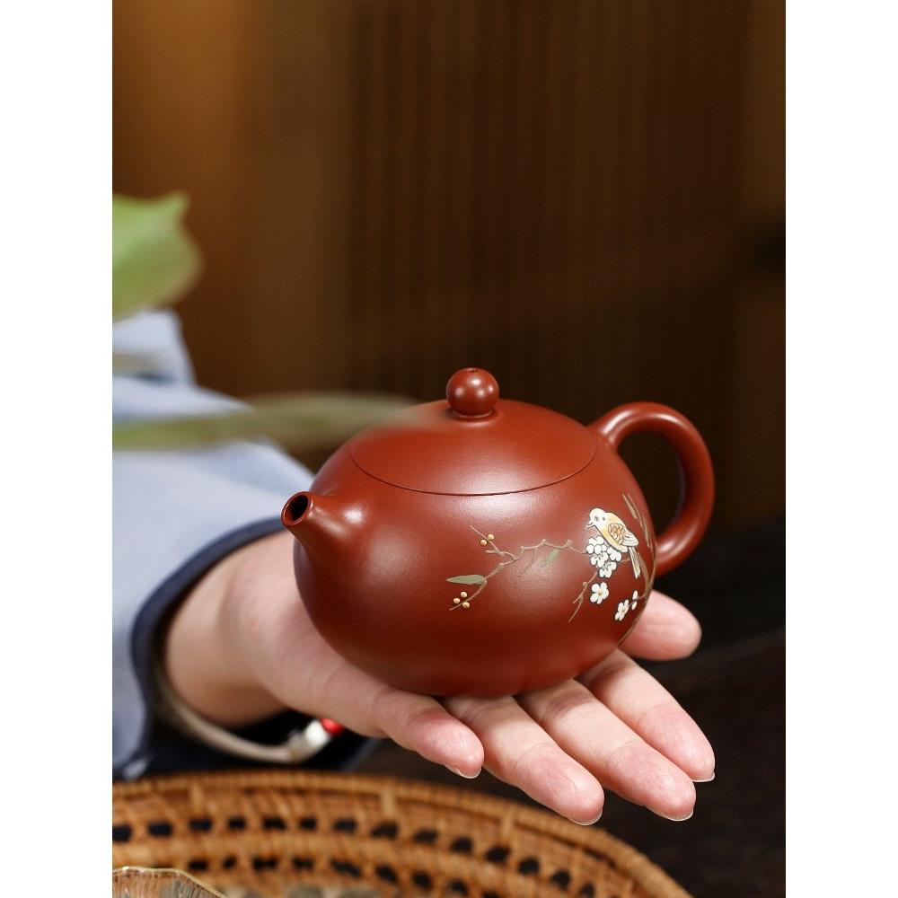 宜兴紫砂壶纯手工泥绘花鸟功夫茶具原矿大红袍家用泡茶壶西施壶