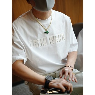 潮牌重磅纯棉打底衫 美式 K新款 休闲立体字母刺绣圆领短袖 T恤男夏季