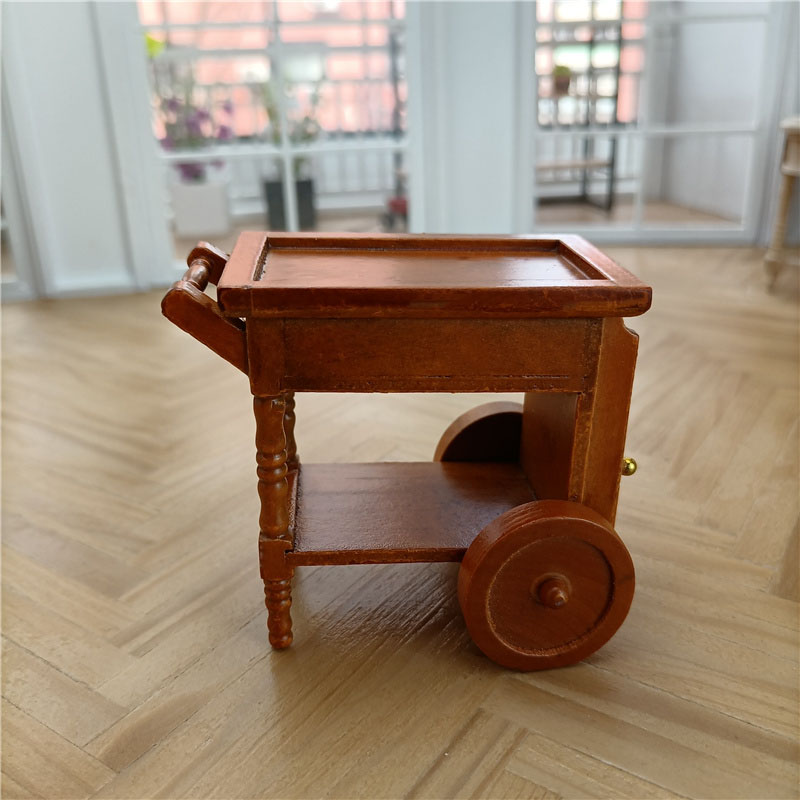 娃娃屋1:12家i具o微缩场景木制棕色复古餐车餐厅迷你手推车模型道