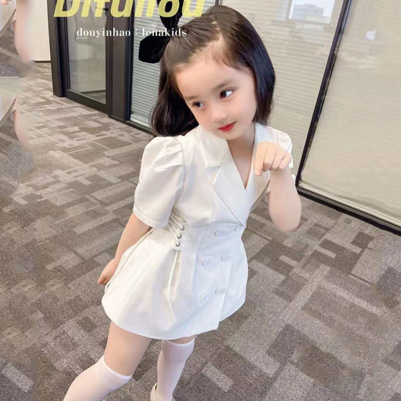 女童薄款洋气f收腰公主裙2021夏款女宝宝白色泡泡袖Y西装连衣裙子