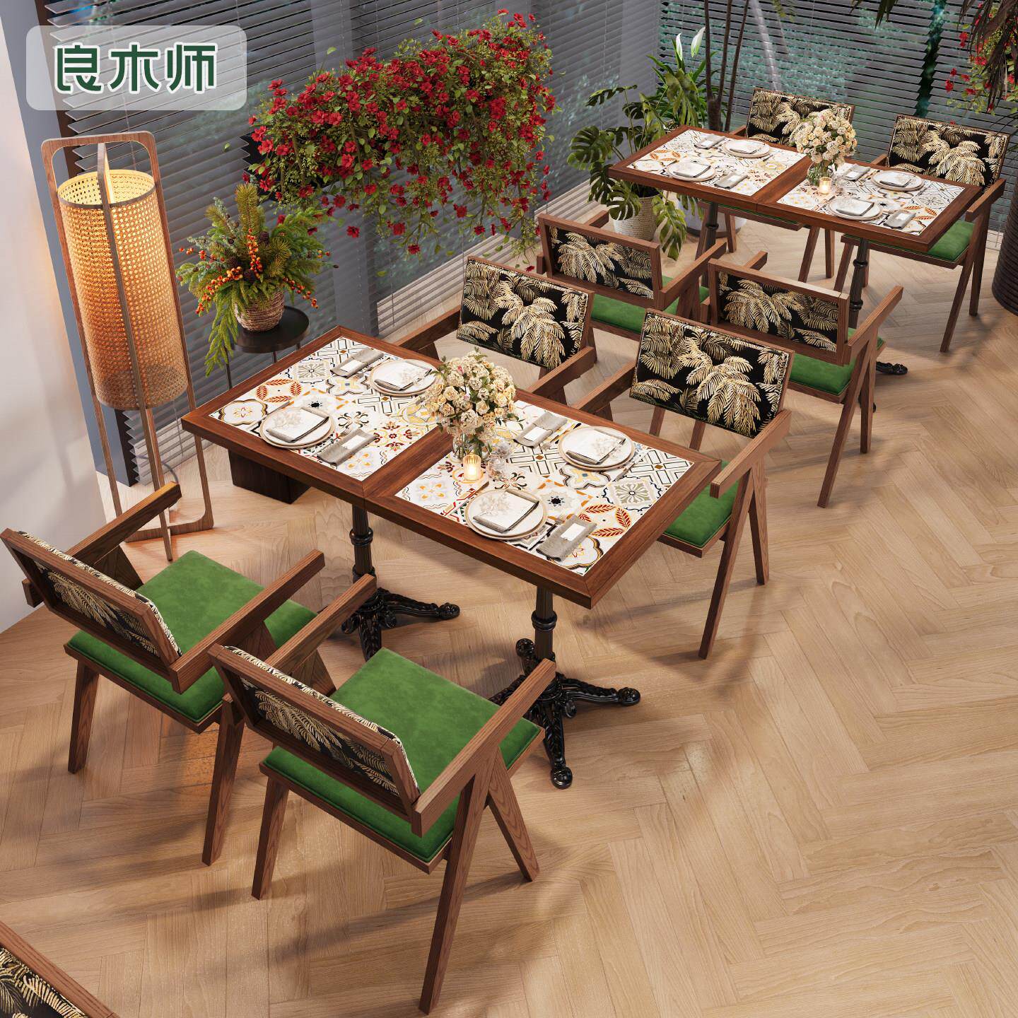 复古风实木餐椅组合 法式西餐厅桌椅 南洋风格咖啡厅家具