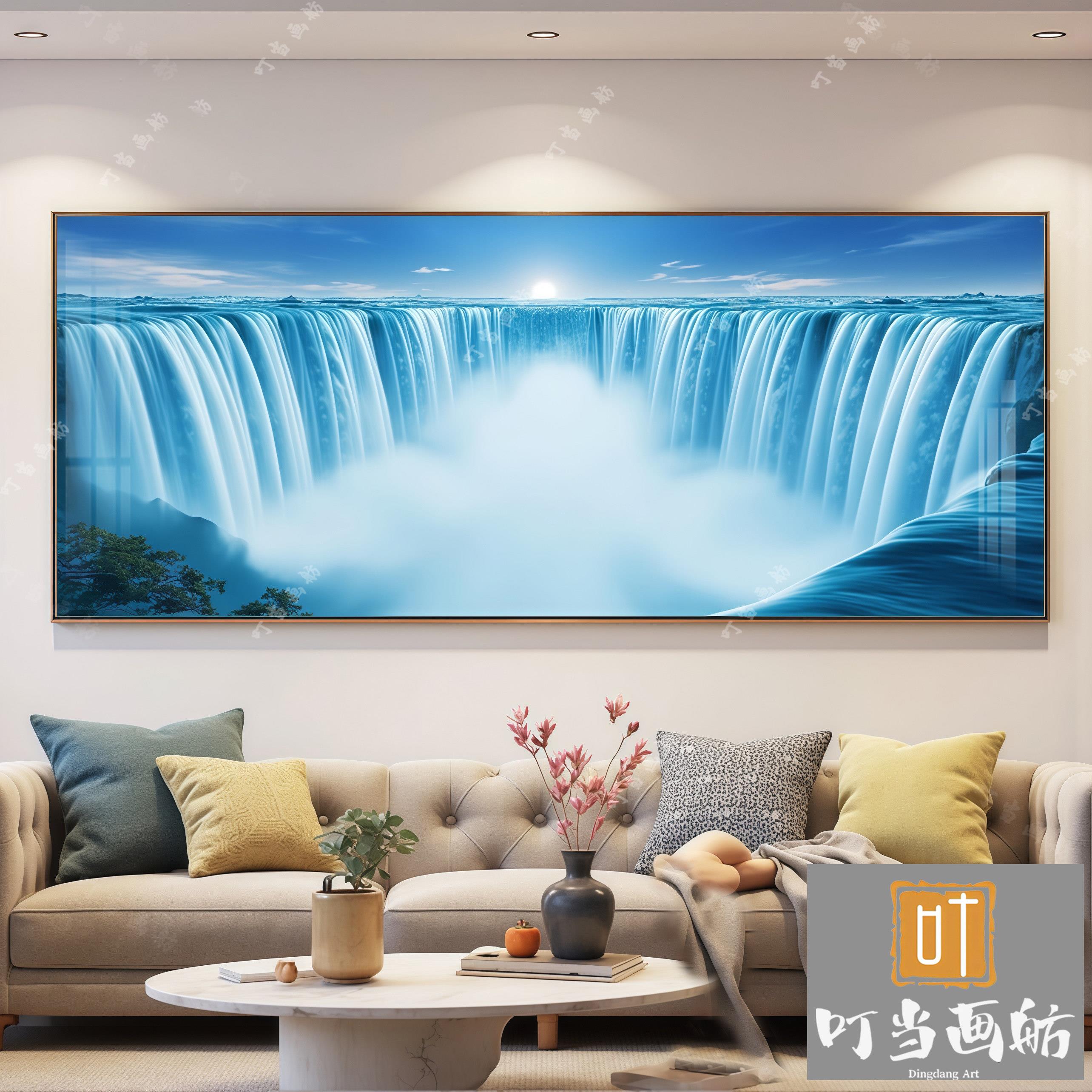 纯流水瀑布山水画抽象挂画大气客厅晶瓷装饰画沙发墙背景风景框画