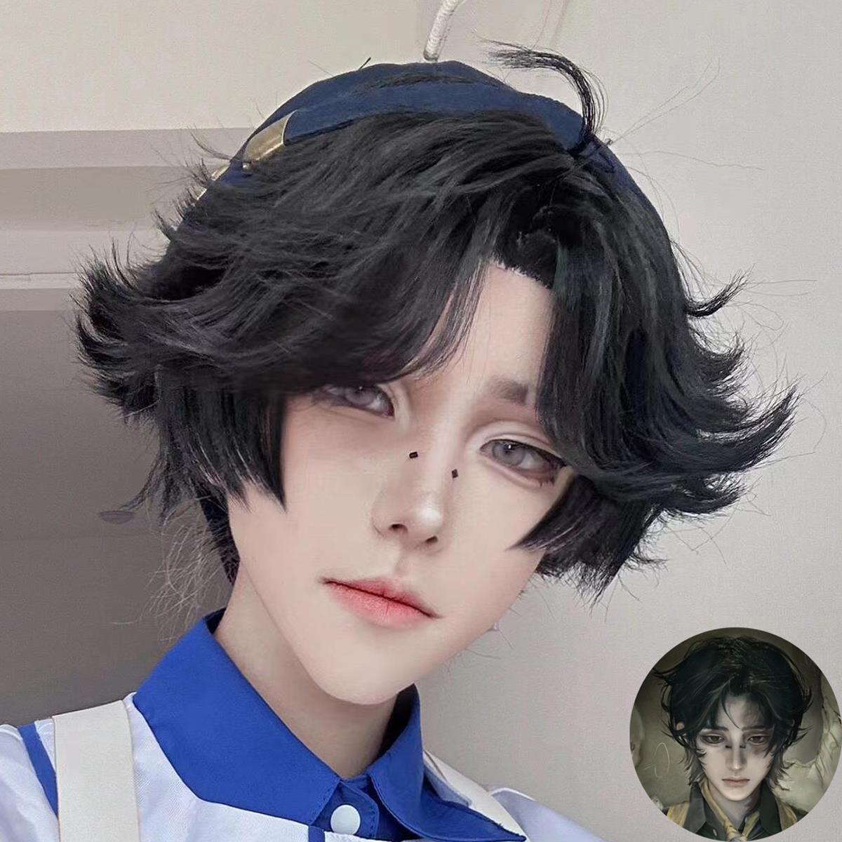 勘探员cos假发男狼尾鲻鱼头第五人格中分刘海蓬松短直发整顶发套
