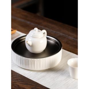 莲瓣铝合金蓄水壶承 德化白瓷干泡台储水茶盘壶托功夫茶具配件