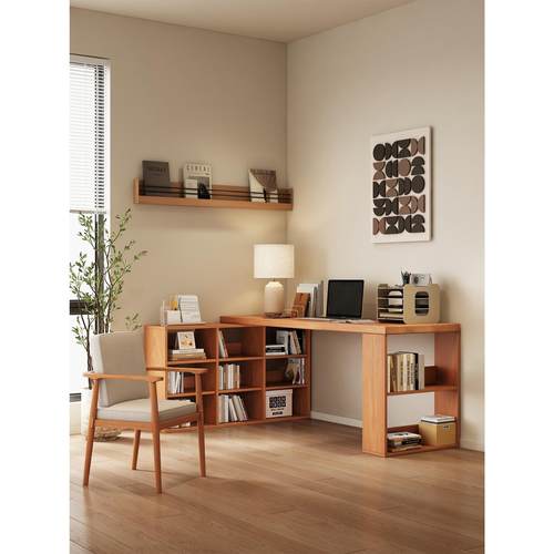 实木转角书桌书柜一体白蜡木学习写字桌拐角电脑桌L型书桌小户型