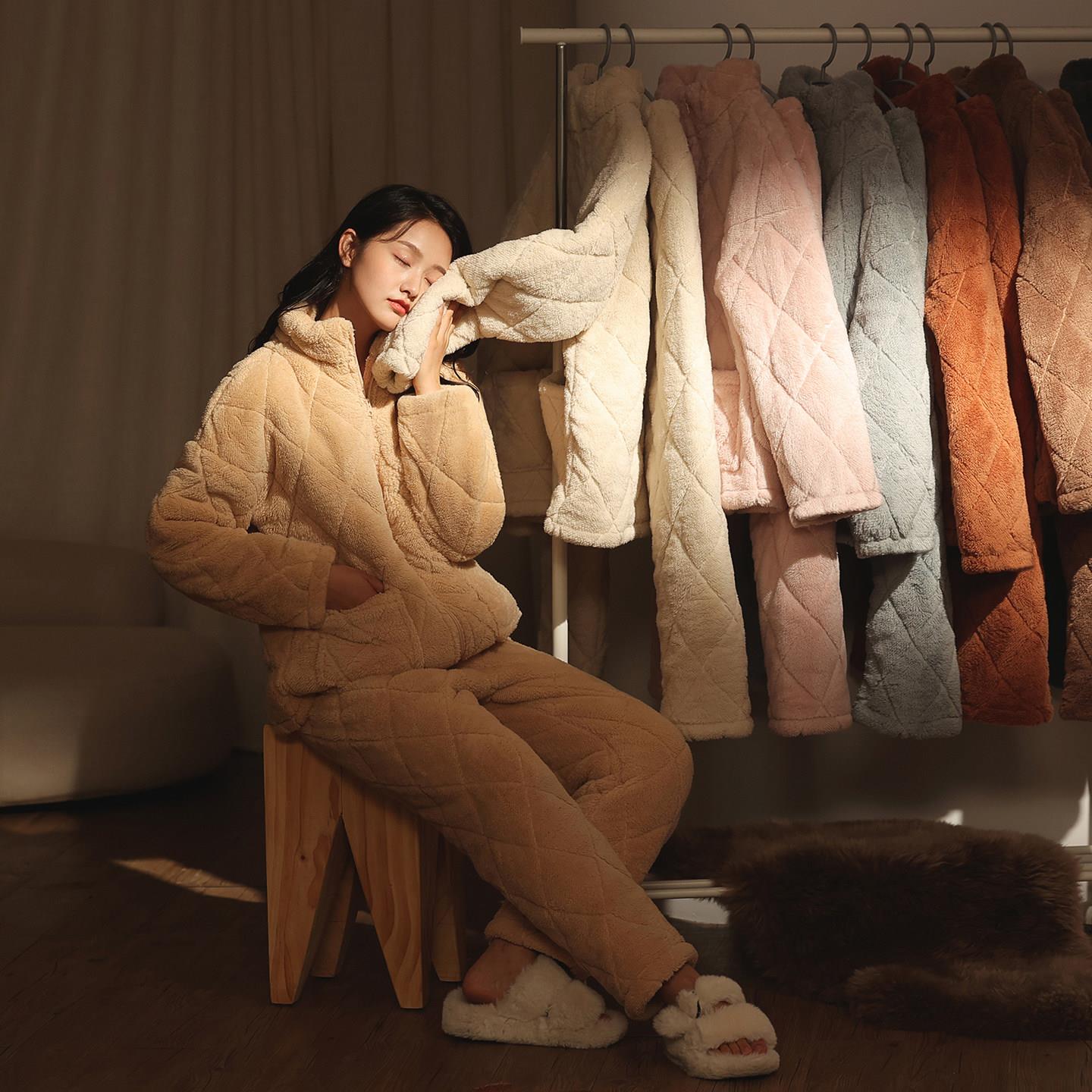 「超厚」保暖睡衣女冬三层加厚夹棉加绒棉袄可外穿珊瑚绒家居服