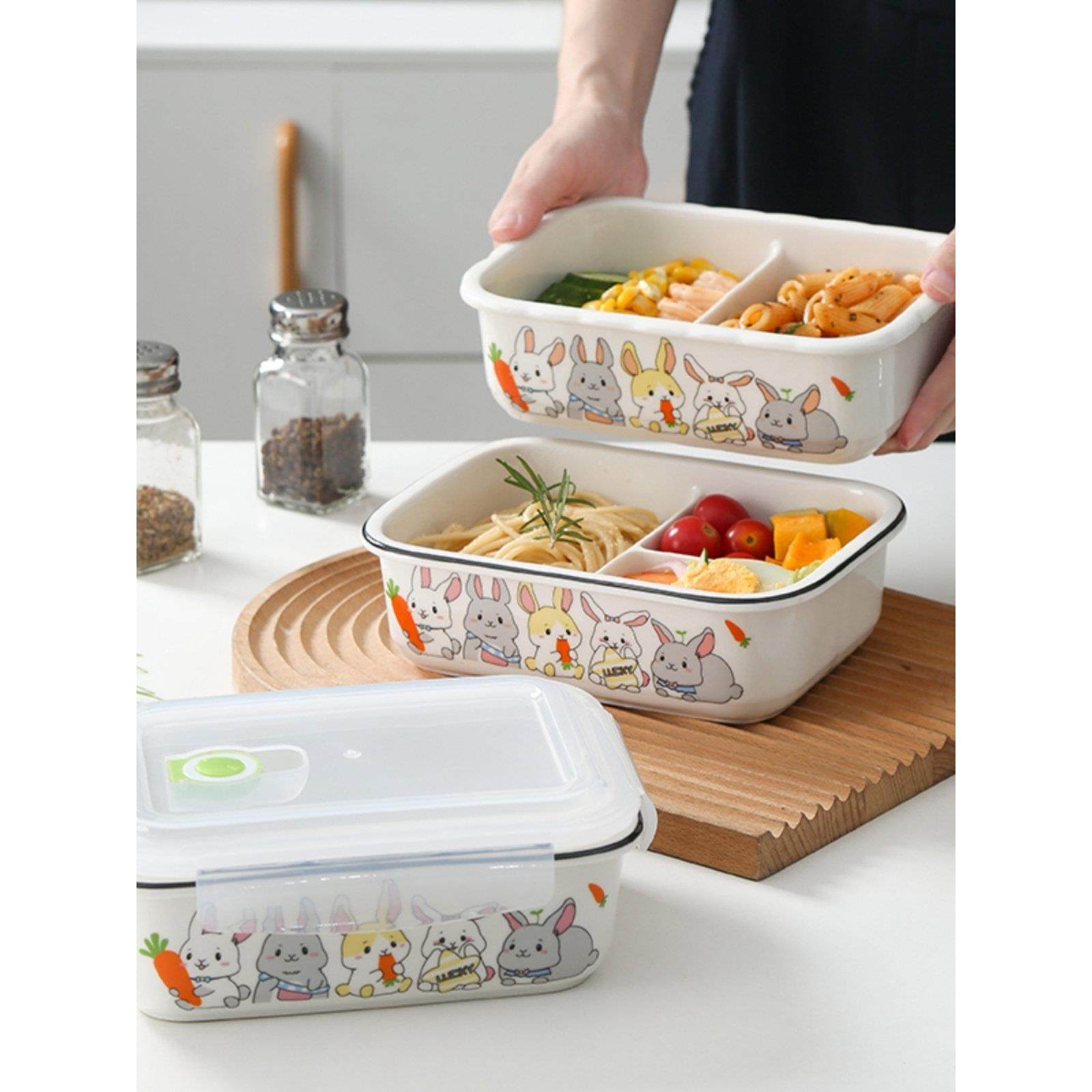 盖子可微波炉加热陶瓷分格饭盒三格可扣四面扣上班族带饭密封保鲜