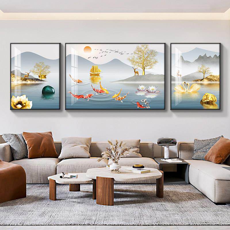 三联画十字绣客厅钻石画2024新款九鱼图聚财现代简约5D点贴钻山水