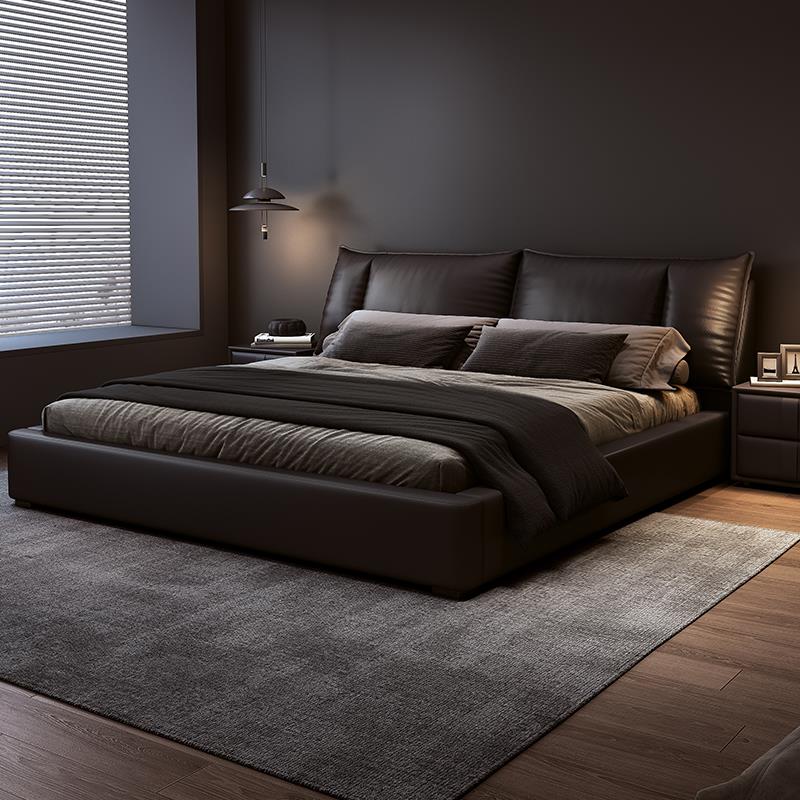 意式极简黑色真皮床轻奢现代简约2米x2米2双人主卧大床软包储物床