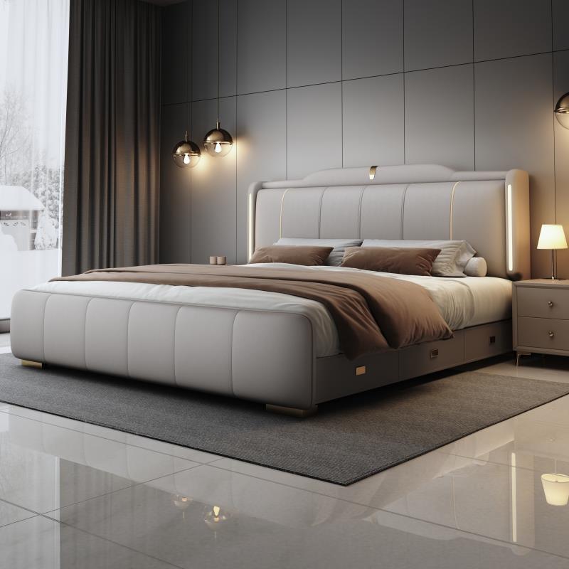 皮床真皮双人床1.8米现代简约小夜灯婚床2×2.2m意式轻奢主卧大床