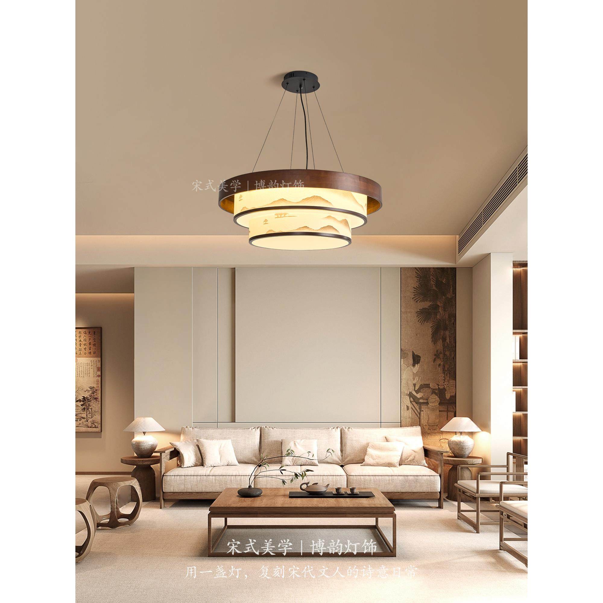 宋式美学客厅吊灯新中式宋代大厅主灯餐厅卧室灯圆形实木布艺灯具,家装灯饰光源,客厅吊灯,淘宝优惠券,粉丝福利购,淘宝优惠卷