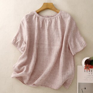 高级感套头体恤上衣 纯色简约亚麻小衫 复古色织棉麻短袖 t恤女夏季