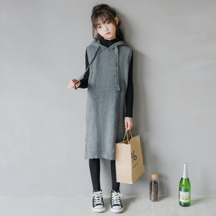 新款女童洋装套装2023春秋网红气质裙子韩版连帽背心针织两件套