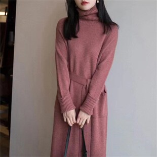时尚简约高领系带收腰口袋打底裙女秋冬慵懒风长款针织衫套头毛衣