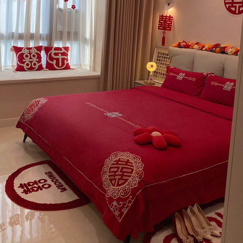 乐优公主100支长绒q棉结婚四件套婚庆大红色床单喜被婚嫁床上用品
