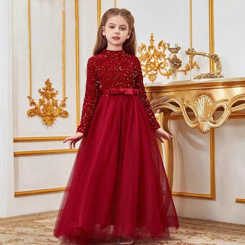 2024冬季新款丝绒亮片立领长袖儿童主持人钢琴模特走秀演出晚礼服,童装/婴儿装/亲子装,儿童礼服,淘宝优惠券,粉丝福利购,淘宝优惠卷