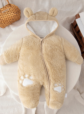 婴儿包脚连身衣毛绒加厚冬季刚出生宝宝连身哈衣连脚连帽拉炼外套