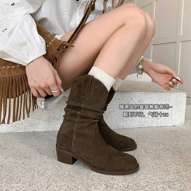 真皮法式旅行穿搭褶皱西部牛仔靴棕色靴子美拉德洋气短靴女堆堆靴,女鞋,西部靴,淘宝优惠券,粉丝福利购,淘宝优惠卷