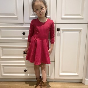 3-8岁女童红色收腰大裙摆纯棉薄款长袖连衣裙