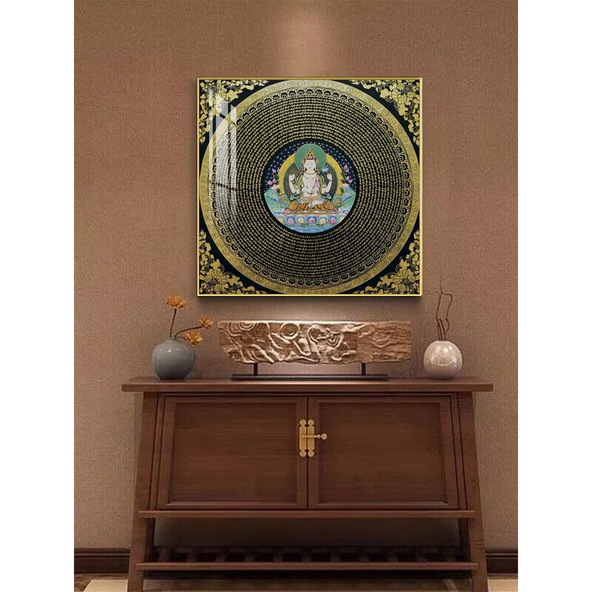 黑金唐卡挂画六字真言心经玄关壁画坛城佛堂咒轮西藏黄财神装饰画