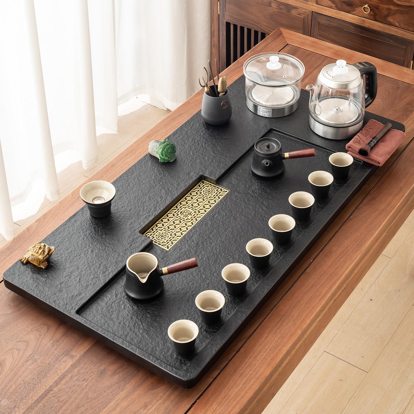 整块天然乌金石茶盘套装全自动一体电磁炉烧水壶家用茶具茶台茶海