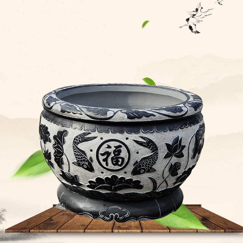石雕鱼缸青石花盆仿古大水缸圆缸庭院门海荷花缸家用养鱼池摆件