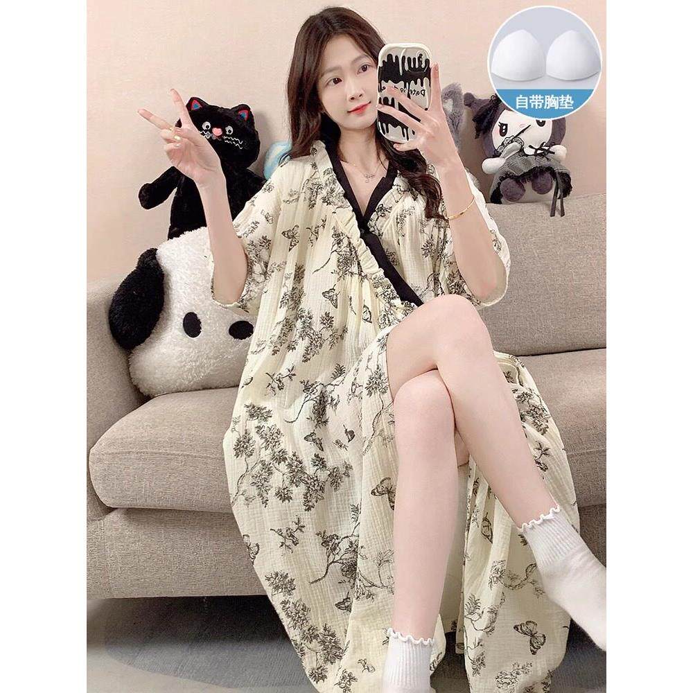 带胸垫睡袍女款夏季高级感短袖睡裙夏天和服式浴袍女士睡衣家居服