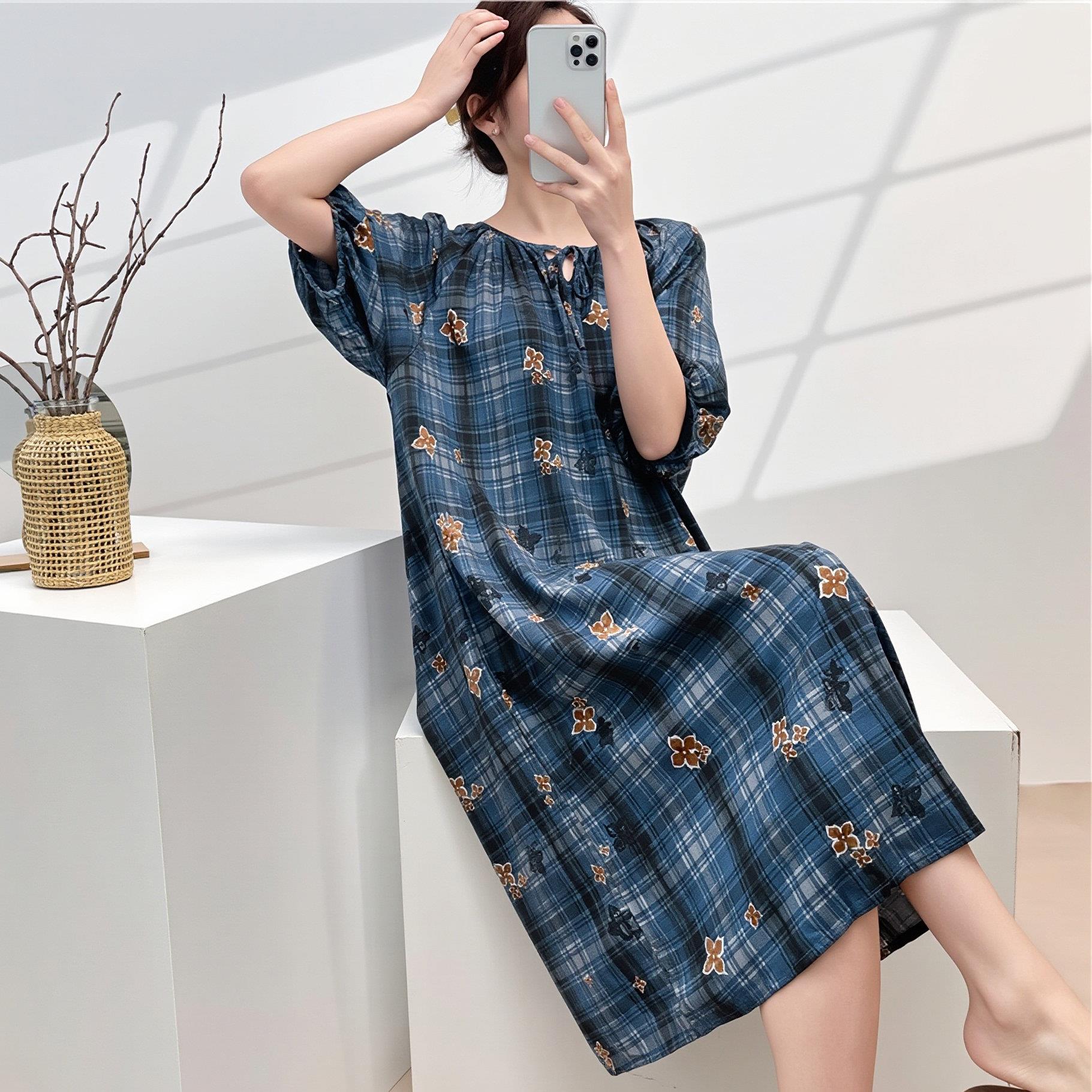 女士棉绸睡裙夏季薄款青中年人造棉空调家居服睡衣加肥大尺码宽松