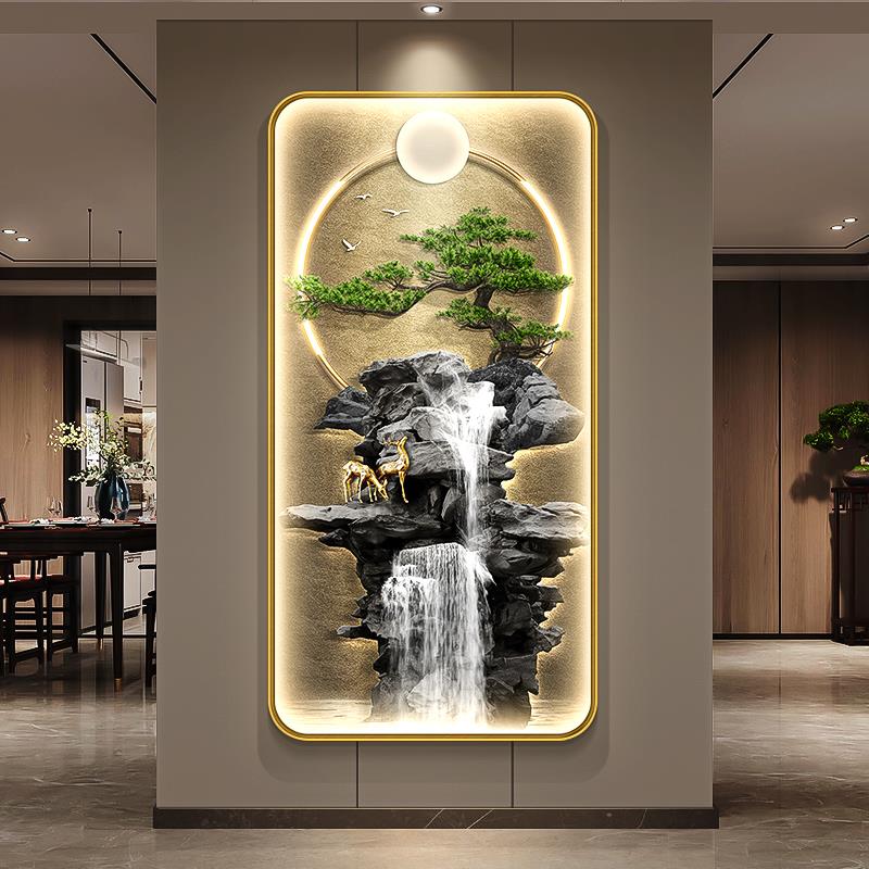 高山流水生财玄关装饰画迎客松走廊过道挂画新中式鹿入户带灯壁画图片