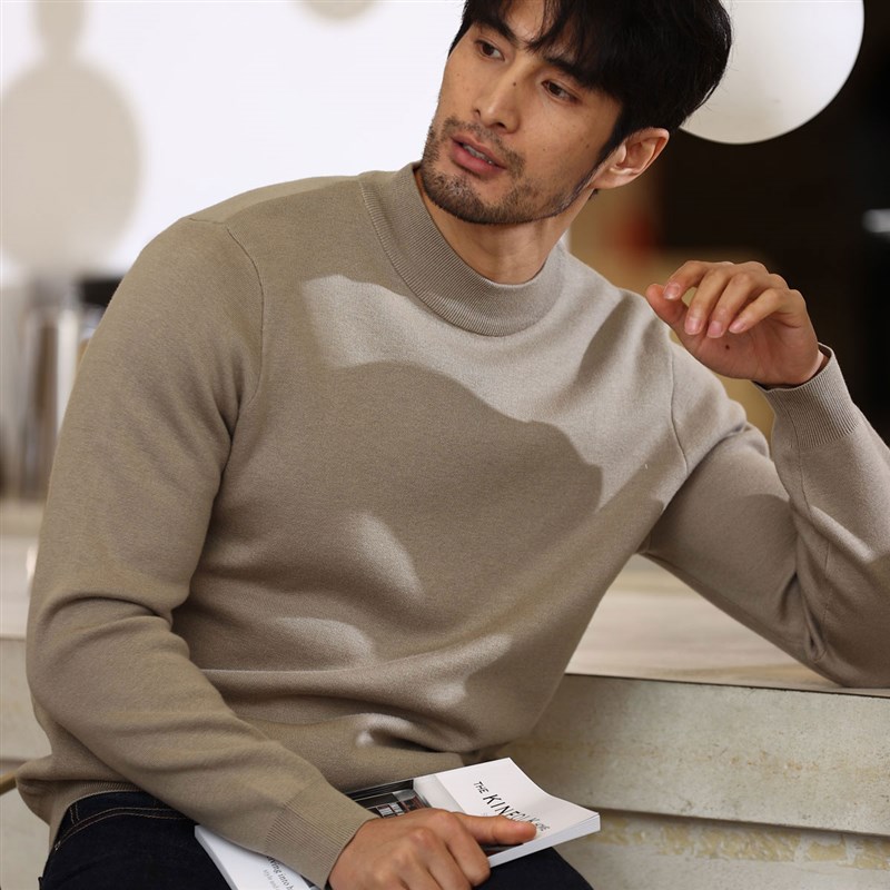 秋冬中半高领毛衣男加绒加t厚修身可翻针织保暖发热打底衫长袖毛