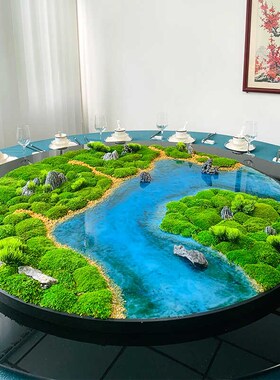 新中式酒店大圆桌转盘摆花装饰品微缩景观圆形苔R藓景观餐桌花摆