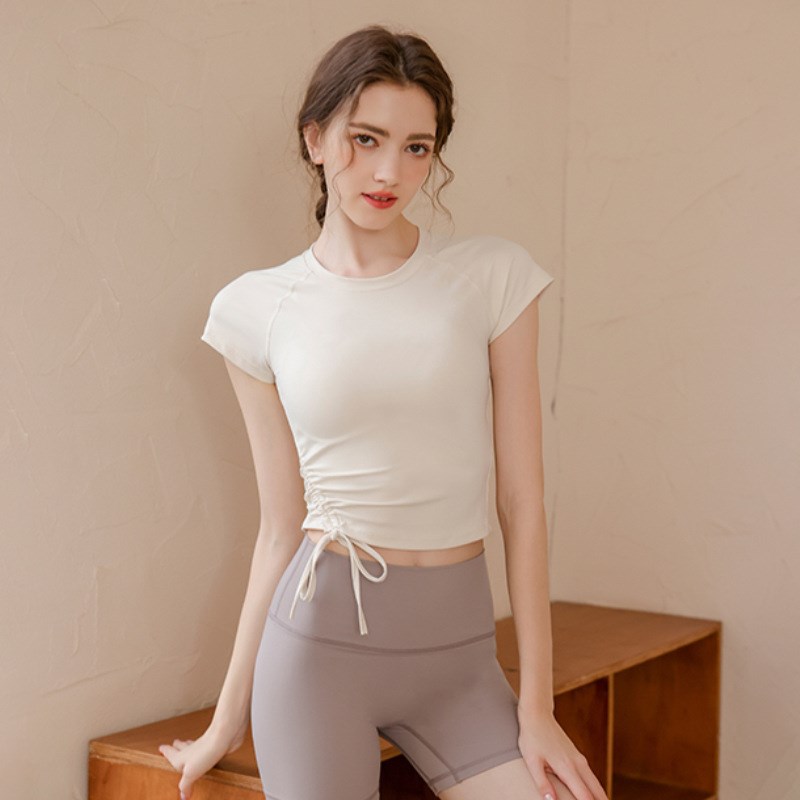 定制LOGO普拉提瑜伽上衣健身服女E速干跑步t恤短袖运动紧身印字